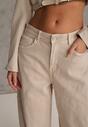 Beżowe Jeansy z Bawełny Typu Balloon High Waist Ozdobione Przeszyciami Eunaris