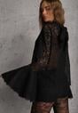 Czarna Koronkowa Bluzka Wiskozowa z Bawełną Ozdobiona Wiązaniem Diomopis