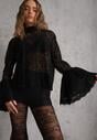 Czarna Koronkowa Bluzka Wiskozowa z Bawełną Ozdobiona Wiązaniem Diomopis