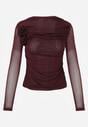 Bordowa Marszczona Bluzka z Siateczki Zdobiona Aplikacją w Kształcie Róży Olirisa