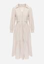 Beżowa Rozkloszowana Sukienka Koszulowa z Bawełny i Wiskozy Zdobiona Klapami Gleta