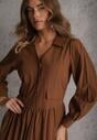 Brązowa Rozkloszowana Sukienka Koszulowa z Bawełny i Wiskozy Zdobiona Klapami Gleta