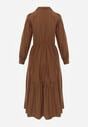 Brązowa Rozkloszowana Sukienka Koszulowa z Bawełny i Wiskozy Zdobiona Klapami Gleta