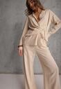 Beżowy Komplet z Wiskozy Spodnie Szerokie i Koszula z Ozdobnym Materiałem Airial