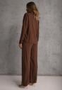 Brązowy Komplet z Wiskozy Spodnie Szerokie i Koszula z Ozdobnym Materiałem Airial