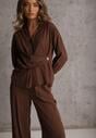 Brązowy Komplet z Wiskozy Spodnie Szerokie i Koszula z Ozdobnym Materiałem Airial