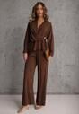 Brązowy Komplet z Wiskozy Spodnie Szerokie i Koszula z Ozdobnym Materiałem Airial