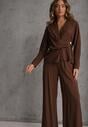 Brązowy Komplet z Wiskozy Spodnie Szerokie i Koszula z Ozdobnym Materiałem Airial