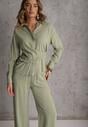 Zielony Komplet z Wiskozy Spodnie Szerokie i Koszula z Ozdobnym Materiałem Airial