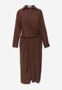 Brązowa Koszulowa Sukienka z Wiskozy z Asymetrycznym Drapowaniem i Guzikiem Hetasa