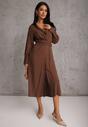 Brązowa Koszulowa Sukienka z Wiskozy z Asymetrycznym Drapowaniem i Guzikiem Hetasa