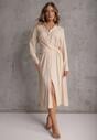 Beżowa Koszulowa Sukienka z Wiskozy z Asymetrycznym Drapowaniem i Guzikiem Hetasa