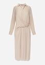 Beżowa Koszulowa Sukienka z Wiskozy z Asymetrycznym Drapowaniem i Guzikiem Hetasa