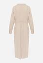 Beżowa Koszulowa Sukienka z Wiskozy z Asymetrycznym Drapowaniem i Guzikiem Hetasa