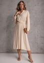 Beżowa Koszulowa Sukienka z Wiskozy z Asymetrycznym Drapowaniem i Guzikiem Hetasa