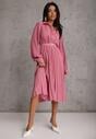 Fuksjowa Koszulowa Sukienka z Plisowanymi Zdobieniami i Paskiem z Klamrą Efrivelle