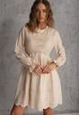 Beżowa Rustykalna Sukienka z Bawełną Zdobiona Haftem i Ażurowymi Wycięciami Winlith