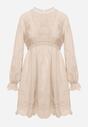 Beżowa Rustykalna Sukienka z Bawełną Zdobiona Haftem i Ażurowymi Wycięciami Winlith