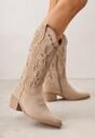 Ciemnobeżowe Ażurowe Botki Kowbojki na Stożku z Imitacji Zamszu Hephiane