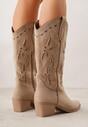 Ciemnobeżowe Ażurowe Botki Kowbojki na Stożku z Imitacji Zamszu Hephiane