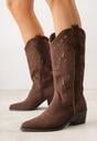 Brązowe Ażurowe Botki Kowbojki na Stożku z Imitacji Zamszu Hephiane