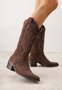 Brązowe Ażurowe Botki Kowbojki na Stożku z Imitacji Zamszu Hephiane