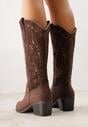 Brązowe Ażurowe Botki Kowbojki na Stożku z Imitacji Zamszu Hephiane