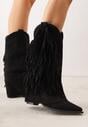 Czarne Botki Kowbojki na Słupku Ozdobione Frędzlami  i Wywiniętą Cholewką Aedime