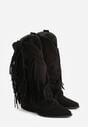 Czarne Botki Kowbojki na Słupku Ozdobione Frędzlami  i Wywiniętą Cholewką Aedime
