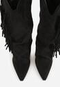 Czarne Botki Kowbojki na Słupku Ozdobione Frędzlami  i Wywiniętą Cholewką Aedime