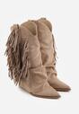 Ciemnobeżowe Botki Kowbojki na Słupku Ozdobione Frędzlami  i Wywiniętą Cholewką Aedime