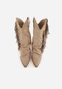 Ciemnobeżowe Botki Kowbojki na Słupku Ozdobione Frędzlami  i Wywiniętą Cholewką Aedime