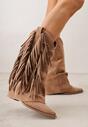 Brązowe Botki Kowbojki na Słupku Ozdobione Frędzlami  i Wywiniętą Cholewką Aedime