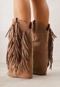 Brązowe Botki Kowbojki na Słupku Ozdobione Frędzlami  i Wywiniętą Cholewką Aedime