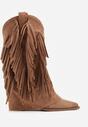 Brązowe Botki Kowbojki na Słupku Ozdobione Frędzlami  i Wywiniętą Cholewką Aedime