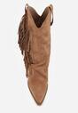 Brązowe Botki Kowbojki na Słupku Ozdobione Frędzlami  i Wywiniętą Cholewką Aedime
