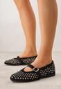 Czarne Balerinki w Stylu Mary Jane z Cyrkoniami i Ażurową Cholewką Lyphenne