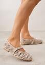 Ciemnobeżowe Balerinki w Stylu Mary Jane z Cyrkoniami i Ażurową Cholewką Lyphenne