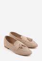 Beżowe Perforowane Mokasyny z Imitacji Zamszu Zdobione Frędzlami Vaeliane