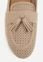 Beżowe Perforowane Mokasyny z Imitacji Zamszu Zdobione Frędzlami Vaeliane