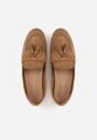 Jasnobrązowe Perforowane Mokasyny z Imitacji Zamszu Zdobione Frędzlami Vaeliane