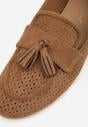 Jasnobrązowe Perforowane Mokasyny z Imitacji Zamszu Zdobione Frędzlami Vaeliane
