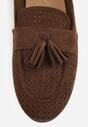 Brązowe Perforowane Mokasyny z Imitacji Zamszu Zdobione Frędzlami Vaeliane