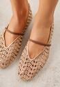 Beżowe Balerinki Mary Jane z Ażurową Cholewką Imitującą Plecionkę Timina