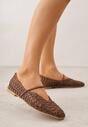 Brązowe Balerinki Mary Jane z Ażurową Cholewką Imitującą Plecionkę Timina