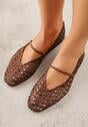 Brązowe Balerinki Mary Jane z Ażurową Cholewką Imitującą Plecionkę Timina