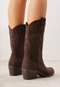 Brązowe Botki Kowbojki na Słupku z Ażurową Cholewką Ravsemi