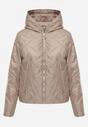 Brązowa Pikowana Kurtka z Nieodpinanym Kapturem z Ozdobną Naszywką Chloreris