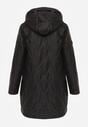 Czarna Długa Kurtka Parka Pikowana z Kapturem Ozdobiona Aplikacją Rossea