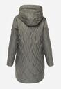 Zielona Długa Kurtka Parka Pikowana z Kapturem Ozdobiona Aplikacją Rossea